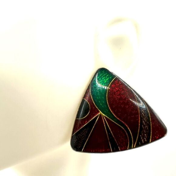 Red green and brown triangle post earrings - Picture 7 of 8